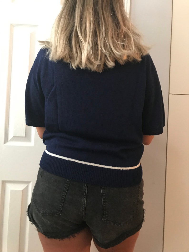 Navy Blue White Short Sleeve Knit Sweater San Remo by Laura VTG XL