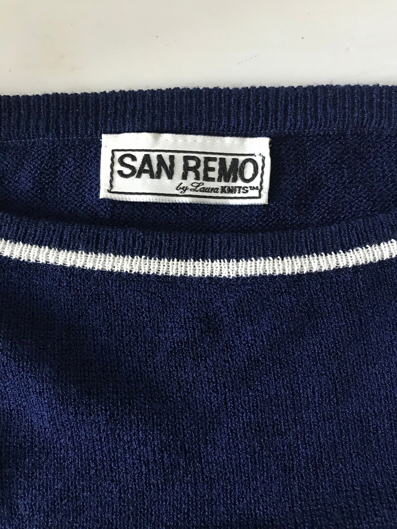 Navy Blue White Short Sleeve Knit Sweater San Remo by Laura VTG XL