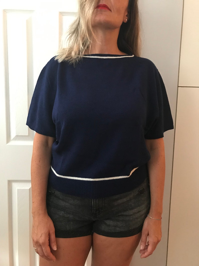Navy Blue White Short Sleeve Knit Sweater San Remo by Laura VTG XL