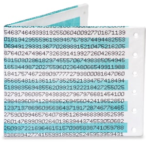 May include: A close-up of a blue and white wallet with a series of numbers printed on the front. The numbers are arranged in rows and columns, and they are all in black.