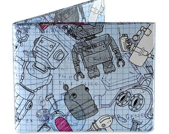 robot wallet, robot drawing, vintage robot, Thin Mens Wallet, Vegan Wallet, tyvek wallet, mighty wallet