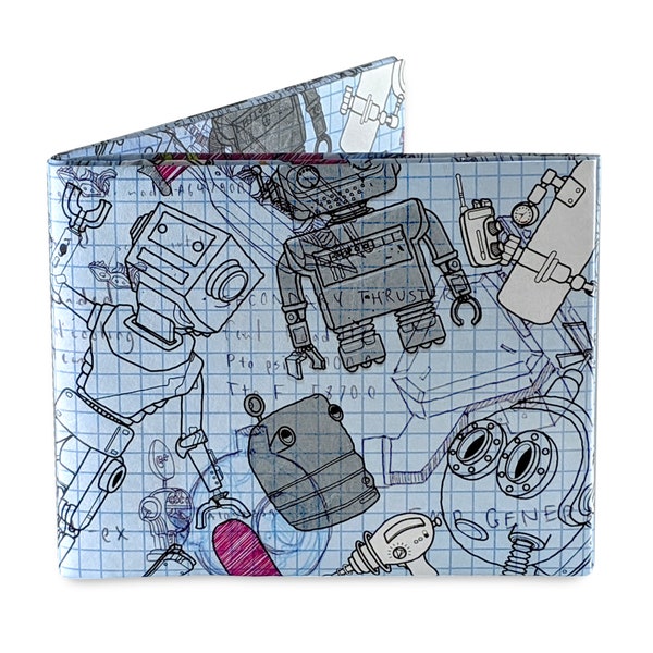 robot wallet, robot drawing, vintage robot, Thin Mens Wallet, Vegan Wallet, tyvek wallet, mighty wallet