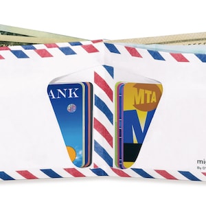 May include: White wallet with red and blue striped edges, resembling an airmail envelope. The wallet is open, revealing cards and cash. The text "mighty wallet" is printed on the bottom right.