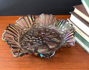 Vintage Smoke Gray Carnival Glass Bowl: Iridescent Fruit Pattern, Ruffled Edge