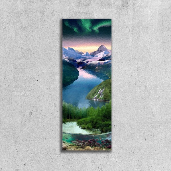 Low-Poly Geometric Long Vertical Digital Alaska Fjords Landscape Printable Wall Artwork | Norway Aurora Borealis Mountain Collage Art