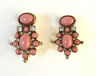 Vintage Elizabeth Taylor Avon Clip-On Earrings: Gold Tone Faux Coral Art Deco