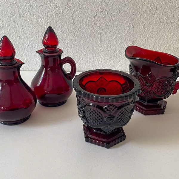 Cape Cod 1876 Collection by Avon, Vintage Ruby Red Glass Assorted Collectible Pieces including Cordials, Candlestick Holders, Cruets & Bell