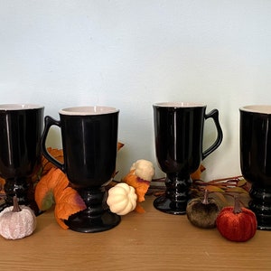 Vintage Hall Black Irish Coffee Footed Mugs, Set of 4, Pottery Pedestal Cups with Handles, Glazed Ceramic; made in USA #1272 Tea Cups 1970s