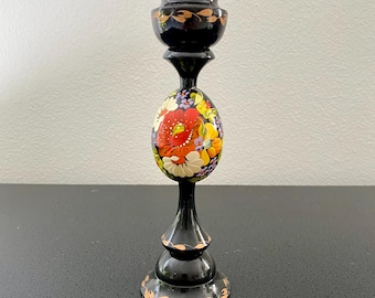Hand Painted Ukrainian Wood Easter Egg Candlestick Holder, Floral Pascha Pisanki Decor