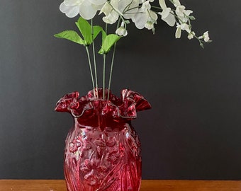 Vintage Fenton Cranberry Glass Vase: Daffodil Relief, Ruffled Edge