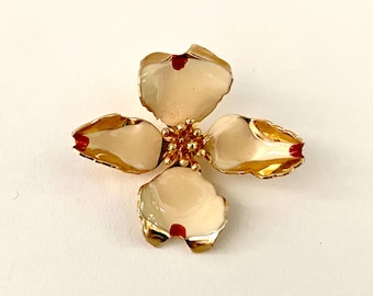 Vintage Cerrito Original Dogwood Flower Enamel Brooch in Gold Tone Metal, C Clasp Safety Closure, Delicate Floral Signed 1985 Lapel Pin