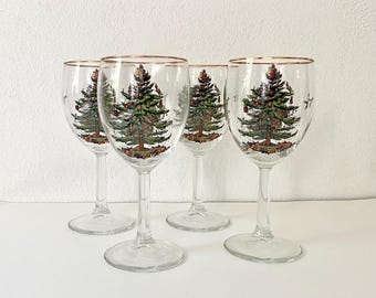 Spode Christmas Tree Wineglasses, Set of 4, Vintage Holiday Stemware