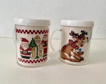 Vintage Cross Stitch Christmas Mugs, 3D Needlepoint Santa and Reindeer