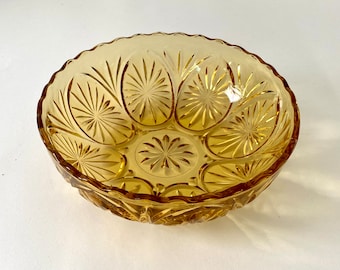 Vintage Amber Yellow Glass 8” Serving Bowl, Scalloped Edges, Medallion Pattern by Anchor Hocking made in the USA