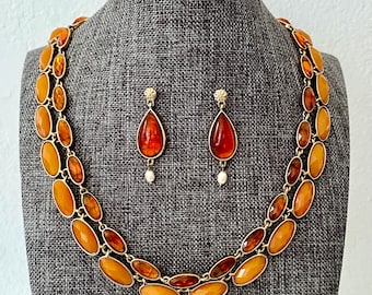 Monet Vintage Faux Amber Necklace and Earrings Set: Gold Tone Demi Parure