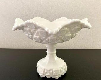 Vintage Westmoreland Milk Glass Compote: "Old Quilt" Pattern, Scalloped Edge