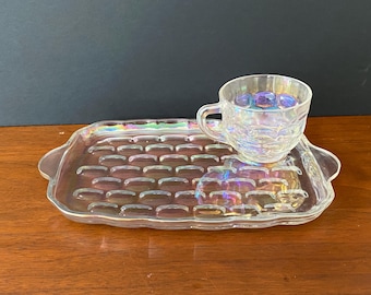 Vintage Federal Glass Carnival Glass Snack Tray and Cup Set