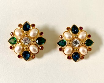 Monet Vintage Signed Gold Tone Post Earrings in Quatrefoil Design with Faux Pearl and Colored Rhinestone Cabochons; Faux Gripoix Style