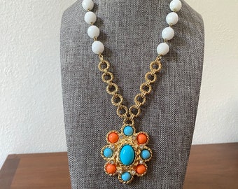 R. J. Graziano Vintage Pendant Necklace: Faux Turquoise Coral, Gold-Toned Beaded Chain