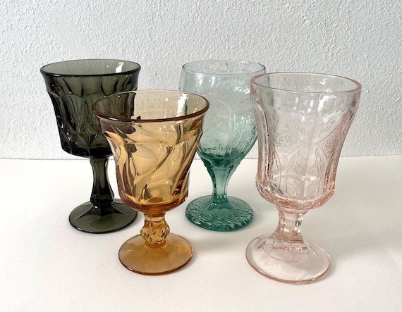 Mismatched Vintage Colored Glass Goblets: Boho Tableware, Set of 4