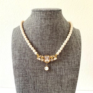 Monet Signed Vintage Deco Rhinestone Pendant on Faux Pearl Necklace with Gold Tone Adjustable Chain Clasp