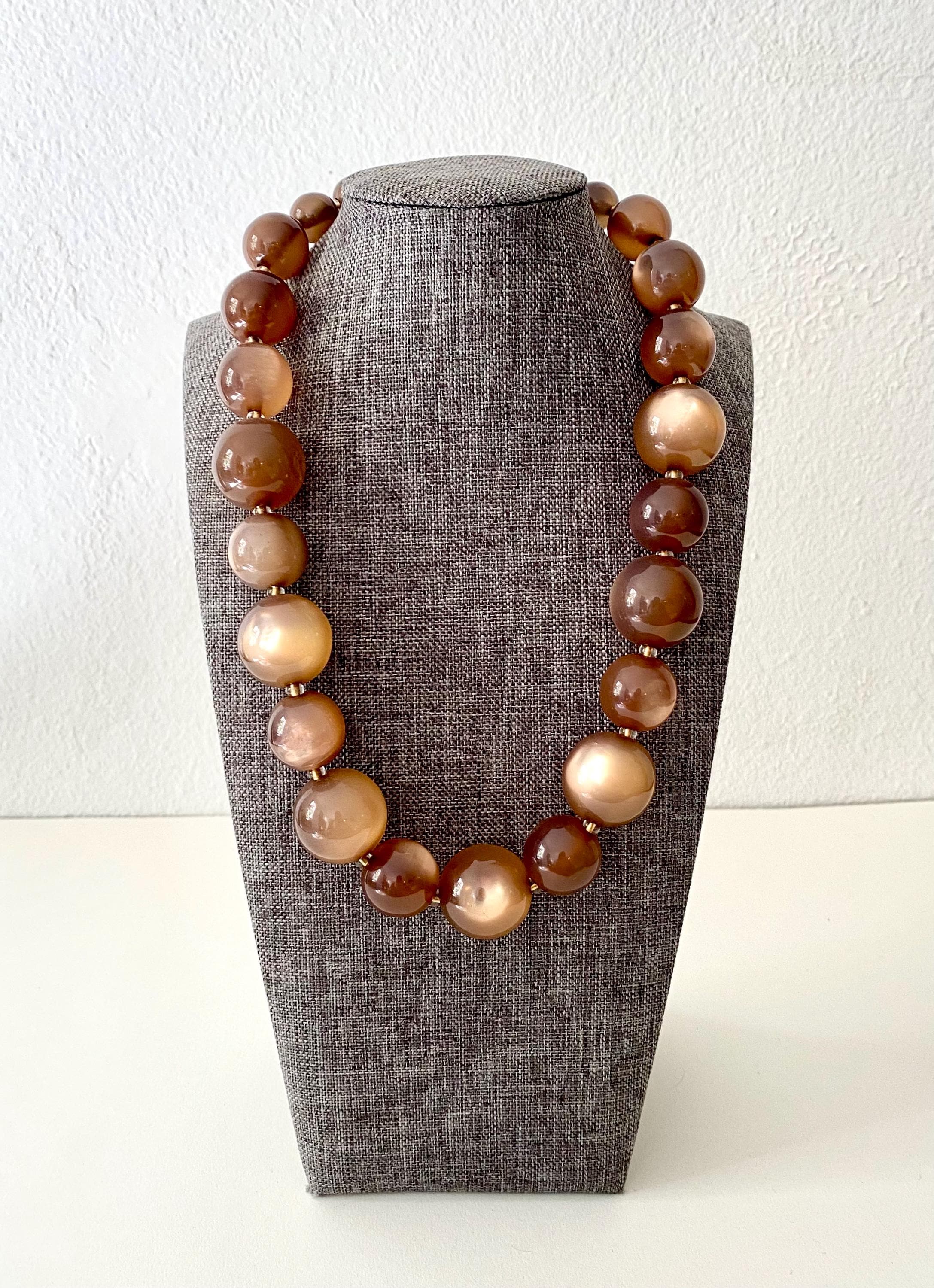 Joan Rivers Chunky Moonglow Cat’s Eye Bead Necklace, Signed Vintage Brown Gold Tone Statement Lucite Beads