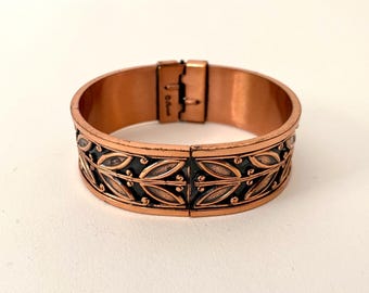 Vintage Copper Renoir Matisse Signed Bracelet, Hinged Floral Motif Bangle