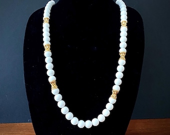 Monet Bead Station Necklace, Signed Vintage Chunky White Gold Tone Statement Beads