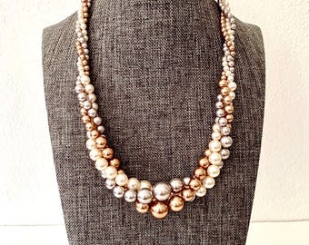 Roman RMN Signed Vintage Faux Pearl Triple Strand Necklace, Tricolor Twisted Pearls in Silver Tone Metal