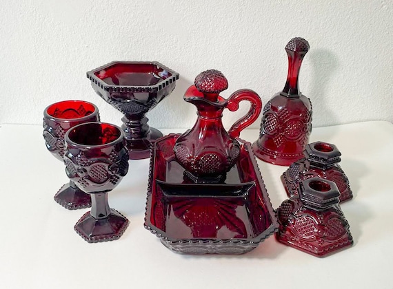 Vintage Avon Cape Cod Ruby Red Glass Collection: Candlestick, Cruet, Bell