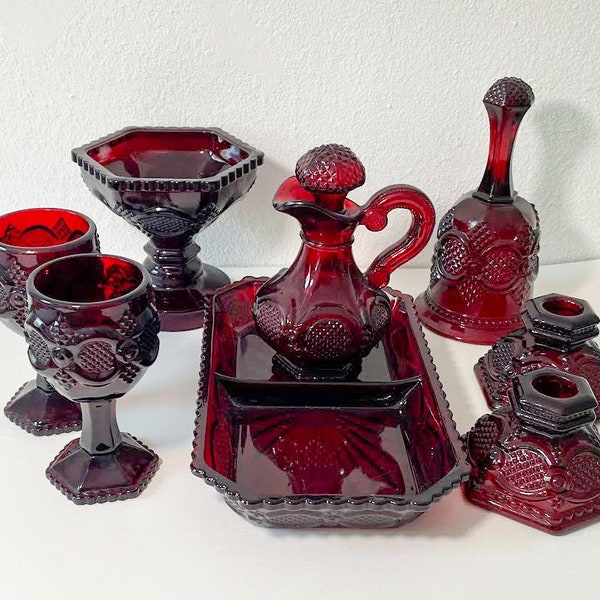 Cape Cod 1876 Collection by Avon, Vintage Ruby Red Glass Assorted Collectible Pieces including Cordials, Candlestick Holders, Cruets & Bell