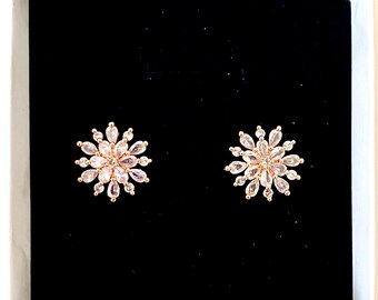 Napier CZ Post Earrings in Rose Gold Tone Metal, Vintage Daisy Firework Design, Clear Rhinestone Cluster Earrings