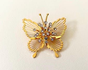 Vintage Monet Butterfly Brooch, Gold Tone with CZ Rhinestones