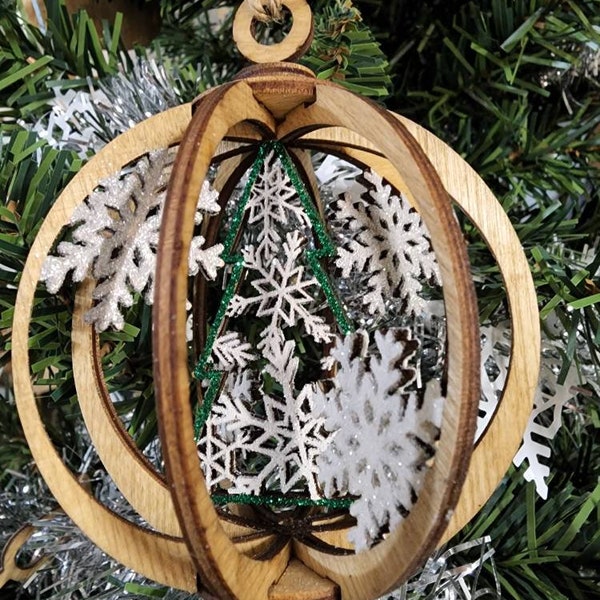 Christmas Tree Globe ornament, laser cut, wood