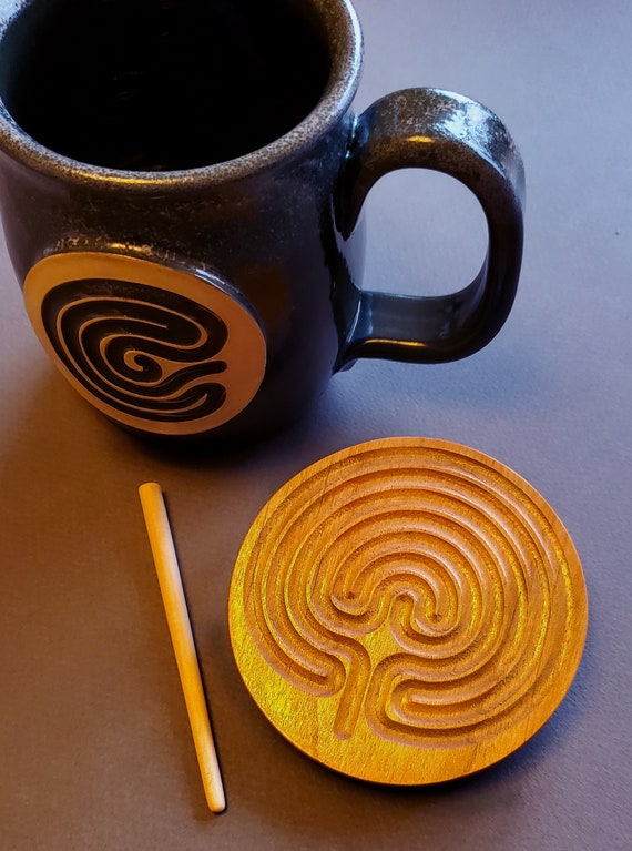 Handcrafted Solid Wood Handheld Meditative Cretan Labyrinth, with Stylus, 3 1/2 inch dia