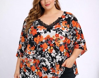 Plus Size Orange Floral Blouse with Lace Trim V-Neck Batwing Sleeve Tunic 3X