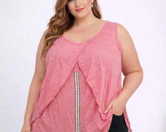 Womens Plus Size 3X Pink Sleeveless Blouse Layered Front Boho Casual Top New