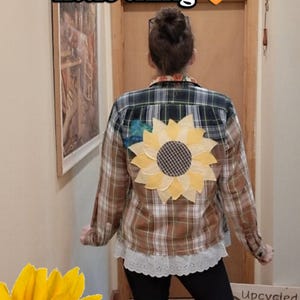 Upcycled Flannel Shirt, Sunflower, Patches, Ruffle, Hippie Chick, Size S/M, by Bird