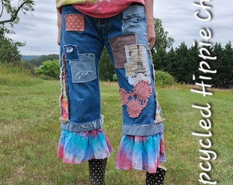 Upcycled Jeans Levi's 501 Button Fly,  Patches, Distressed, Tie Dyed Ruffle, Size 34 by: BIRD