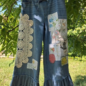 Upcycled Wide Leg Ruffle Pants, Patches and Vintage Doily, Size M 8-10  by: BIRD
