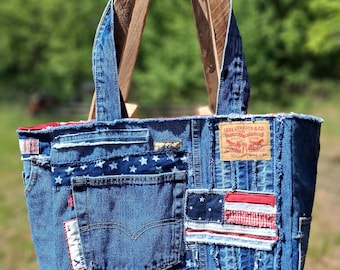 Handmade Denim Large Market or Beach Bag USA Americana Made with Recycled Materials by Bird