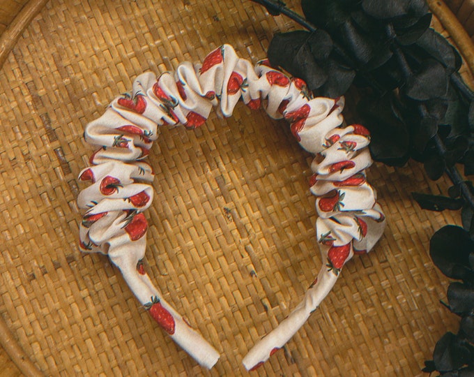 white strawberry print scrunchie headband