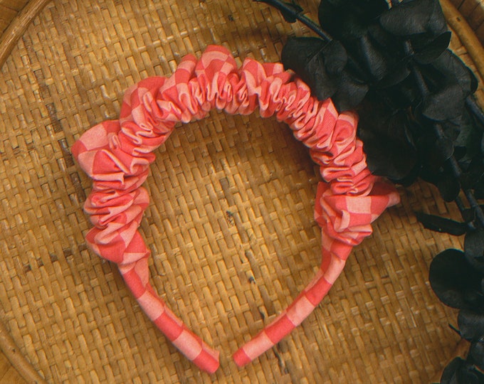 bright pink checker print scrunchie headband