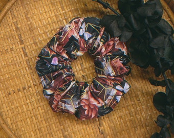 black and metallic gold floral print regular scrunchie