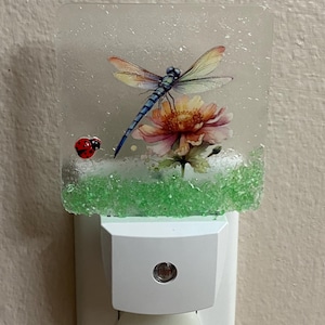 May include: A decorative night light featuring a dragonfly, flower, and ladybug design. The rectangular light has a white base and a clear, textured front with a colorful illustration of a dragonfly, flower, and ladybug.