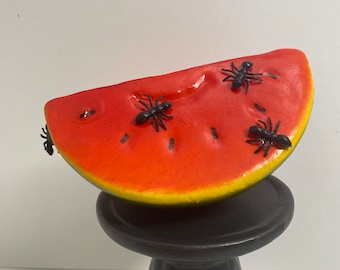 Fake watermelon with ants summer decor tired tray.