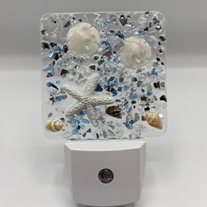 Coastal seashell night light Costal beach nightlight ( blue crushed glass)