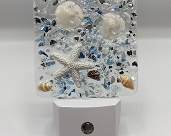 Coastal seashell night light Costal beach nightlight ( blue crushed glass)