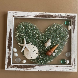 Crushed Glass Heart Coastal Decor: Seashells in Rustic White Frame