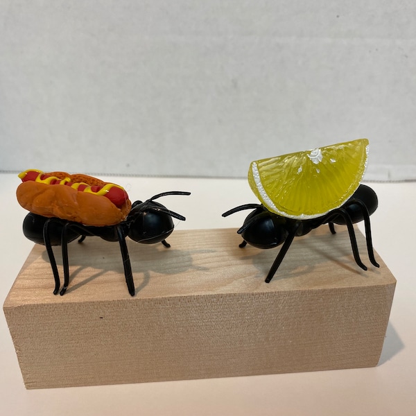 Fake ant and hotdog or ant with lemon wedge. . Tiered tray fake food. Spring Summer Picnic. Picnic ant